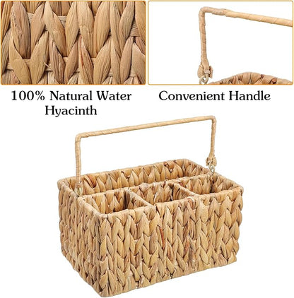 Hand-Woven Wicker Silverware Organizer - Water Hyacinth Cutlery Holder for Countertop with Handle (1-Pack)