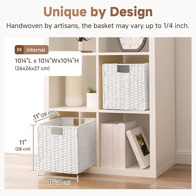 StorageWorks 11 inch Wicker Storage Cubes, Handwoven Cube Storage Bin, Square Cubes Basket, Foldable Paper Rope Basket for Organizing, White, 2 Pack
