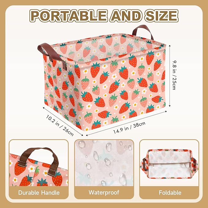 Strawberry Storage Basket Waterproof Canvas Toy Storage Bin Strawberry Shortcake Room Decor Collapsible Outdoor Basket with Leather Handles Blanket Baskets For Closets,Bedrooms,Gifts Baskets