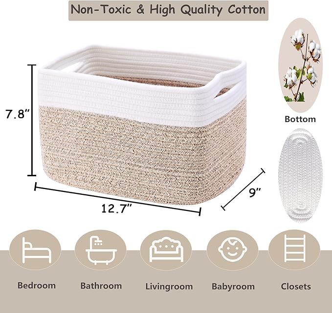 Set of 4 Rope Basket for Shelves Woven Rectangle Storage Basket Bins for Nursery Toy Storage for Baby Girl