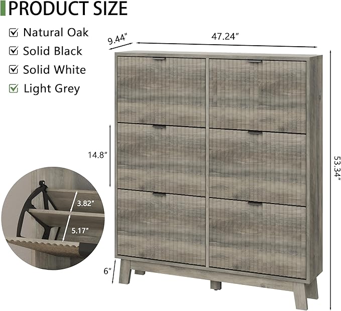 Xixini Shoe Cabinet with 6 Flip Drawers, 54" Tall Narrow Fluted Shoe Storage Organizer for Entryway, Hidden Slim Wooden Shoe Rack Cabinet for Front Door Entrance, Hallway, Living Room, Light Grey