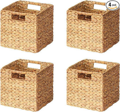 SpaceAid 4 Pack Wicker Basket, Storage Baskets for Organizing, Woven Rattan Basket with Handles for Shelves, Water Hyacinth Large Cube Organizer Storage Bin, 10.5x10.5x10.5 inch, Natural