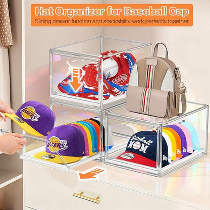 Hat Organizer Box for Baseball Cap, Stackable Hats Storage Container with Sliding Tray Drawer, Large Caps Display Case with Magnetic Door for Closet 16-20 Hats 2Pack Clear