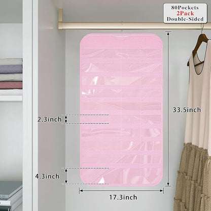 2 Pack Hanging Jewelry Organizer 80-Pocket Dual-sided Jewelry Storage for Earring Necklace Bracelet Ring Travel Holder, Pink