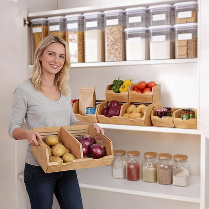 HOMESTEAD Stackable Solid Wood Storage Bins for Pantry & Countertop, Ventilated Potato and Onion Organizer with Handles, Wooden Produce Storage Containers (Natural)