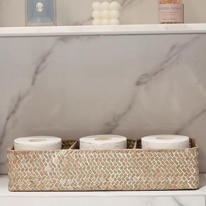 Seagrass Tank Basket for Toilet Paper 3 Sections Woven Storage Basket with Large Compartment Whitewash (16.5inch x 5.5inch x 3.5inch)