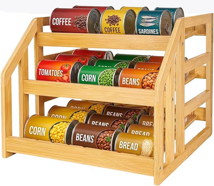 Bamboo Can Organizer for Pantry, 3 Tier Tilt Rack Holds 36 Cans, Adjustable Dividers, Sturdy Wood Soda Storage for Refrigerator, Spice Jar Holder, Cat Food Bin, Cabinet Countertop