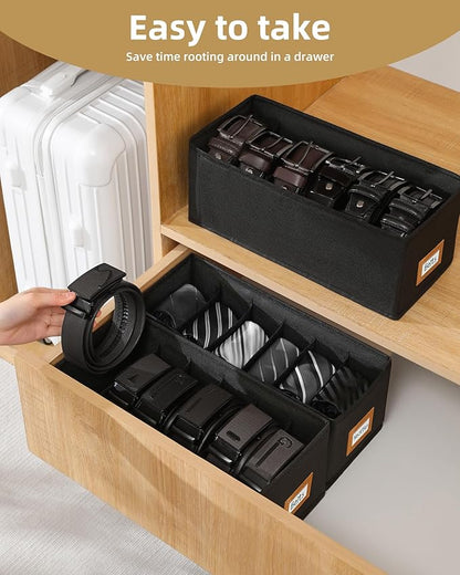 4 PCS Belt Organizer for Closet, 6 Grids Belt Holder, Washable Belt Box, Foldable Tie Organizer for Men, Belt Storage for Drawer (Black, card window)