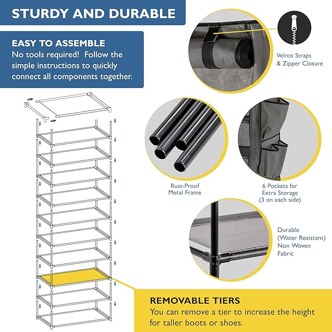 Sundaze Shoe Rack with Cover - 10 Tier Shoe Rack for Front Door Entrance, Sturdy Tall Shoe Organizer for Bedroom, Closet, Garage, Non Woven Fabric Shelf, Grey, Holds Up to 50 Pairs
