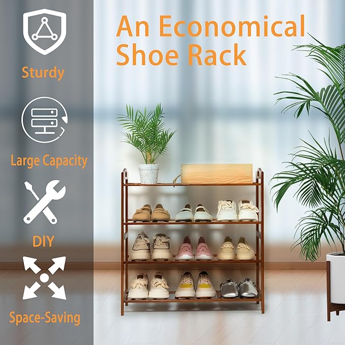 4 Tier Bamboo Shoe Rack, Free Standing Shoes Rack Shoe Shelf Shoe Organizer for Closet, Entryway, Bedroom, Living Room, Front Door, Studio, Bathroom