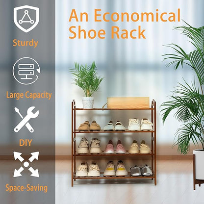 4 Tier Bamboo Shoe Rack, Free Standing Shoes Rack Shoe Shelf Shoe Organizer for Closet, Entryway, Bedroom, Living Room, Front Door, Studio, Bathroom