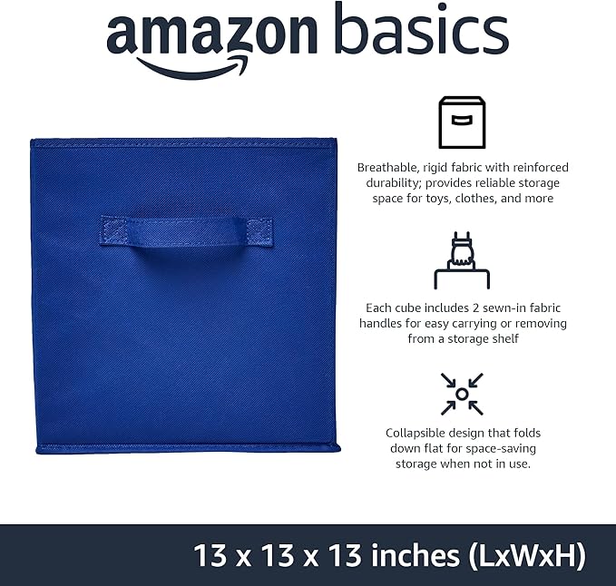 Amazon Basics Collapsible Fabric Storage Bins, Cube Organizer with Handles, 13"x13"x13", Navy, 6-Pack