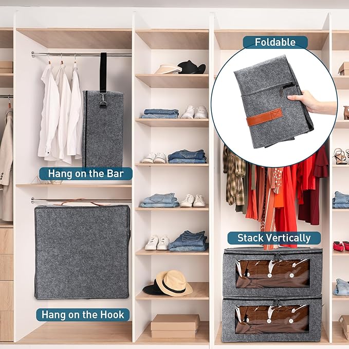 Suzile 2 Pack Hat Storage Box - Foldable Travel Case, Stackable Organizer Bag - Large Capacity - Medium Gray