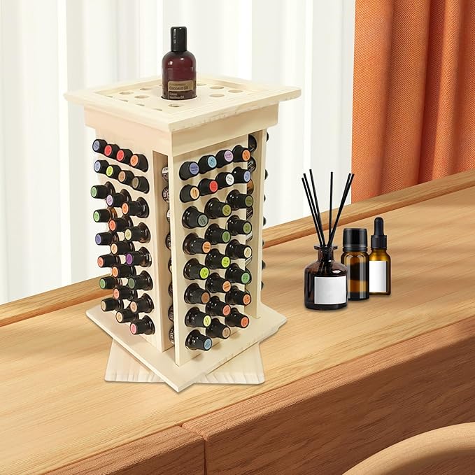 Wooden Essential Oil Display Rack 104-Hole, 8 Tiers Rotating Pine Organizer for Home, Beauty Salon, Perfume Store, Hold 5ml & 15ml Bottles, Space-Saving Countertop Holder, Easy Access, 9.44*15.74in