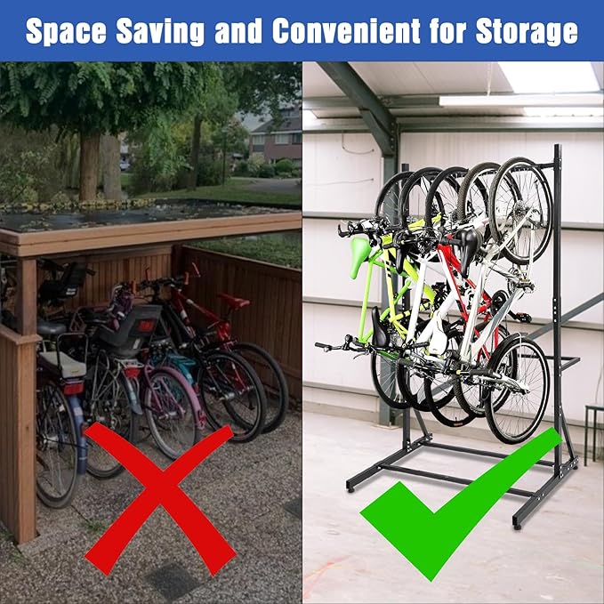 Freestanding Bike Rack for 5 Bicycles, Heavy Duty Vertical Bike Storage Stand with Adjustable Height, 300 Lbs Capacity, Steel Organizer with Non-Slip Hooks, Easy Assembly for Garage, Apartment, Indoor