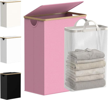 efluky Slim Laundry Basket with Lid, Narrow Laundry Hamper with Removable Bag, Skinny Dirty Clothes Basket with Bamboo Handles for Bathroom, Bedroom & Laundry Room, 65L Pink