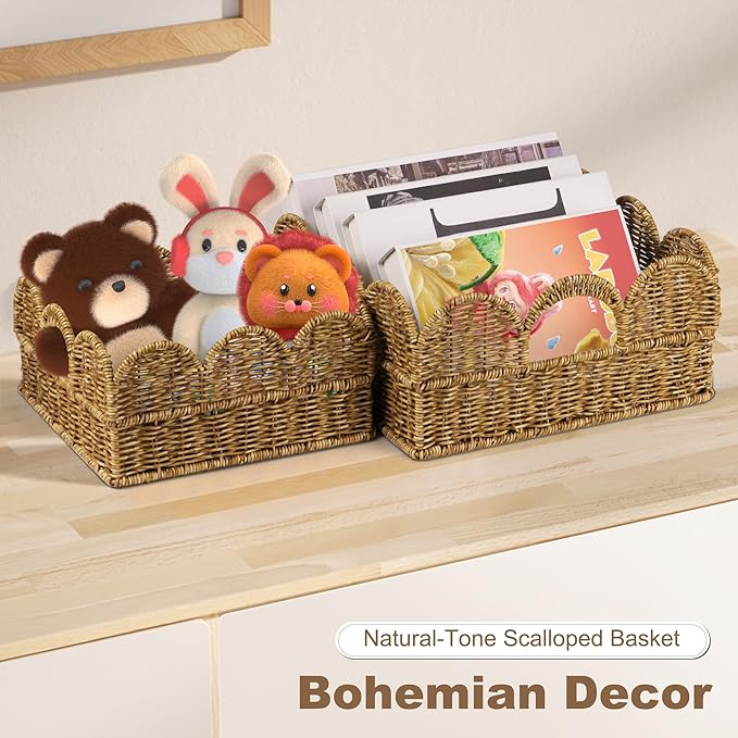 Scalloped Basket Set of 2，Resin Wicker Basket for Organizing and Decor Hand-Woven Wicker Storage Baskets with Built-In Handles for Gifts,Snack,Shelves，Tan