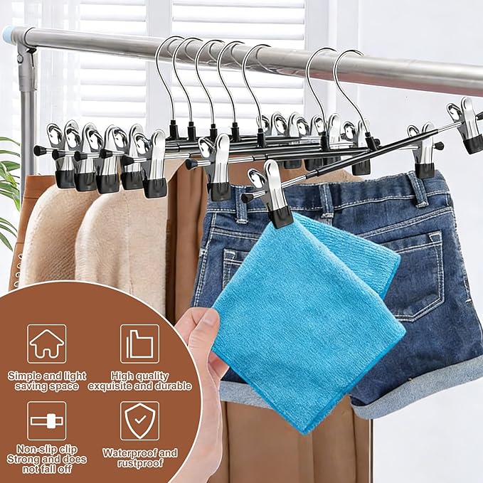 Jeffbaubl 20 Pack Pants Hangers, Skirt Hangers with Clips, Heavy Duty Adjustable Clips Hanger, Rubber Cover Metal Trouser Clip Hanger, Ultra Thin Space Saving for Skirt Jeans Adult