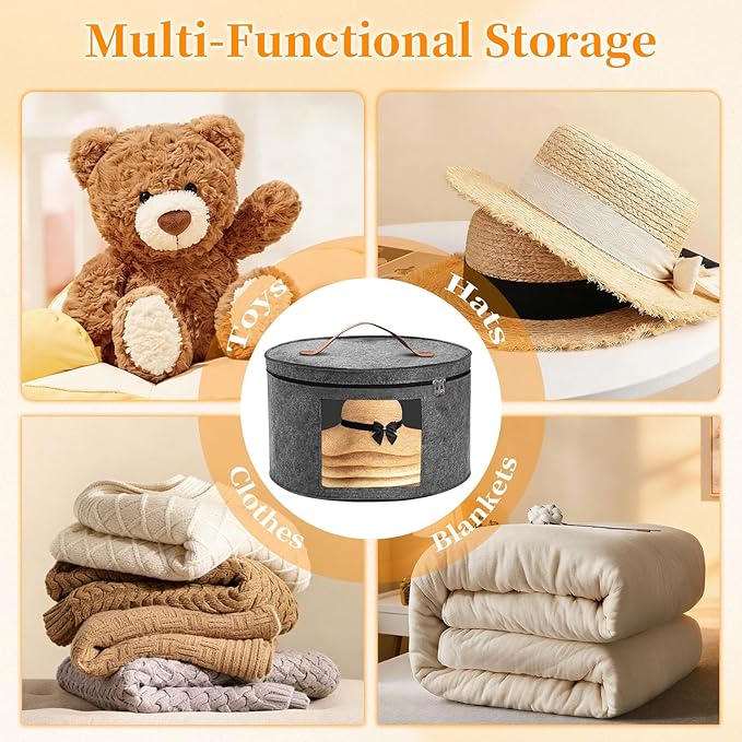 Hat Boxes for Women/Men Storage, 16" D x 10" H, Round Hats Storage Box Container for Closet, Clothes Storage Bin for Stuffed Animal Toy, Foldable Caps Organizer for Travel with Dustproof Lid (Grey)