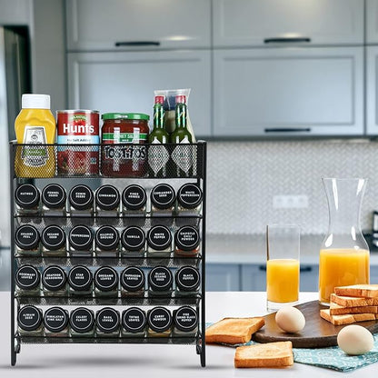 Skiileor Spice Rack Organizer with 28 Spice Jars, Black Lids，Spice Labels, Chalk pen and Funnel Set for Cabinet, Countertop, Pantry, Cupboard or Wall Mount