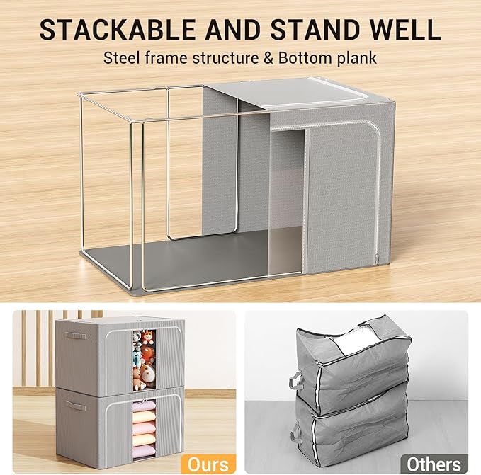 Clothes Storage Bins with Metal Frame Foldable Storage Box Clothes Organizers Storage Containers for Clothes Sheets Blankets Books Toys Gifts and Holiday Decorations (24Lx3 Pack)