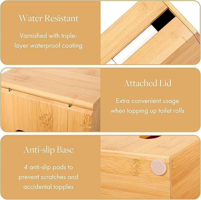 GOBAM Bamboo Toilet Paper Storage - Fits 3 Mega Toilet Paper, Bathroom Organizer, Toilet Paper Holder Stand, Bamboo Bathroom Accessories - Natural, 5.9 x 5.9 x 16.1 inches