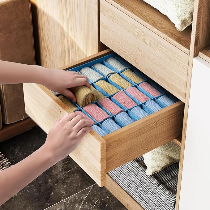 Joyoldelf Sock Organizer Drawer Organizer - 2 Packs Underwear Organizer, 24 Cells Collapsible Closet Organizers and Storage Sock Holders Organizers for Storing Socks, Ties, Belts(Blue)