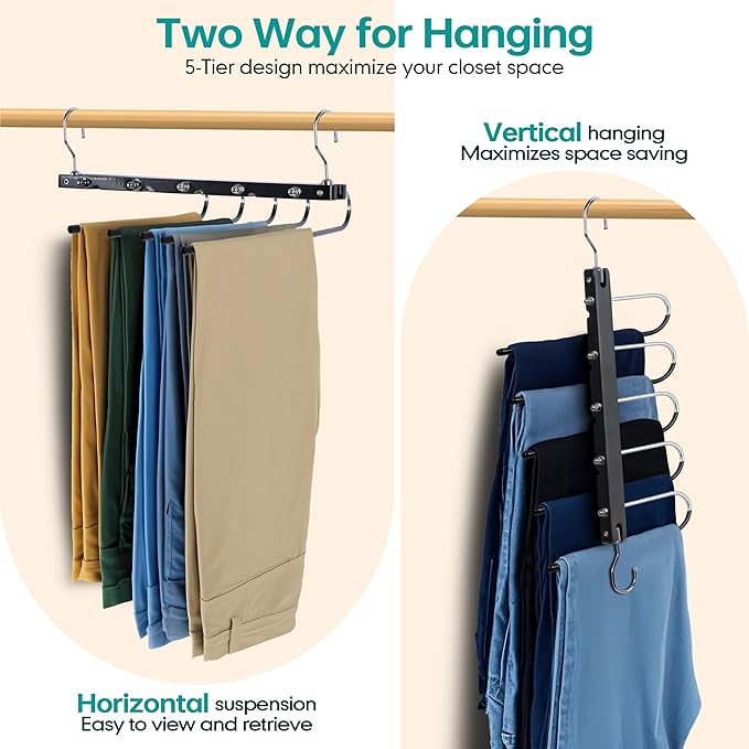 Whitmor Space Saving Pant Hangers, Foldable 5 Tier Closet Organizer with 360° Swivel Hook & Telescopic Rod, Vertical/Horizontal Hanging for Jeans, Scarves, Dorm, Travel, 2-Pack, Black