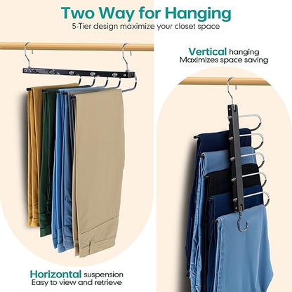 Whitmor Space Saving Pant Hangers, Foldable 5 Tier Closet Organizer with 360° Swivel Hook & Telescopic Rod, Vertical/Horizontal Hanging for Jeans, Scarves, Dorm, Travel, 2-Pack, Black