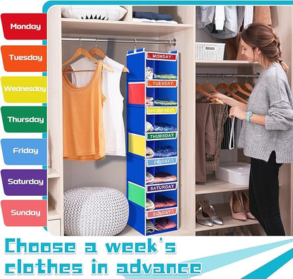 2 Pcs 7 Shelf Weekly Clothes Organizer for Kids Double Grid Hanging Closet Organizer 11. 8 x 11. 8 x 50 Inches Daily Activity Kids Clothes Storage Drawers Cube Closet Hanging Shelves