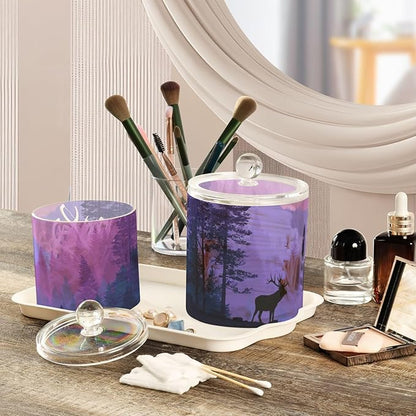2 Pack Qtip Dispenser Apothecary Jars with Lids Cotton Round Holder Bathroom Canisters for Cotton Swab Floss Ball Pads Clear Plastic Decorative Purple Stag Mountains and Forest