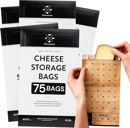 Formaticum - 75-Pack Cheese Storage Bags - 6.25 x 11 Wax Paper Bags to Keep Cheese or Charcuterie Fresh - Professional Grade Cheese Paper for Wrapping Cheese - Porous Brown Paper Bags From France