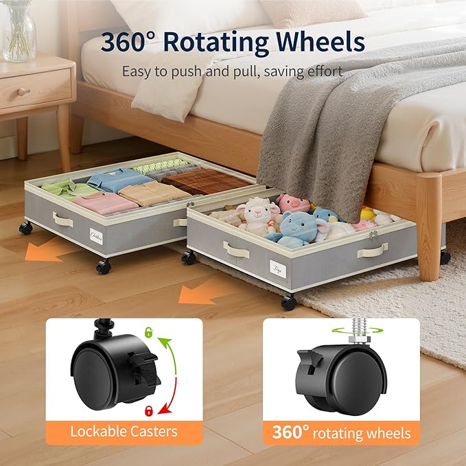 Yecaye 80L Under Bed Storage with Wheels, 2 Pack Under Bed Storage Containers with Lids for Clothes, Shoes and Blankets, Metal Rolling Underbed Storage Drawers for Bedrooms and Dorms, Grey