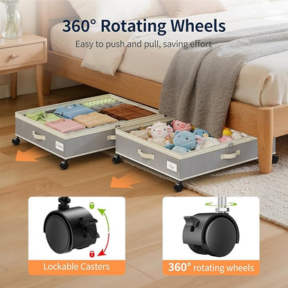 Yecaye 80L Under Bed Storage with Wheels, 2 Pack Under Bed Storage Containers with Lids for Clothes, Shoes and Blankets, Metal Rolling Underbed Storage Drawers for Bedrooms and Dorms, Grey