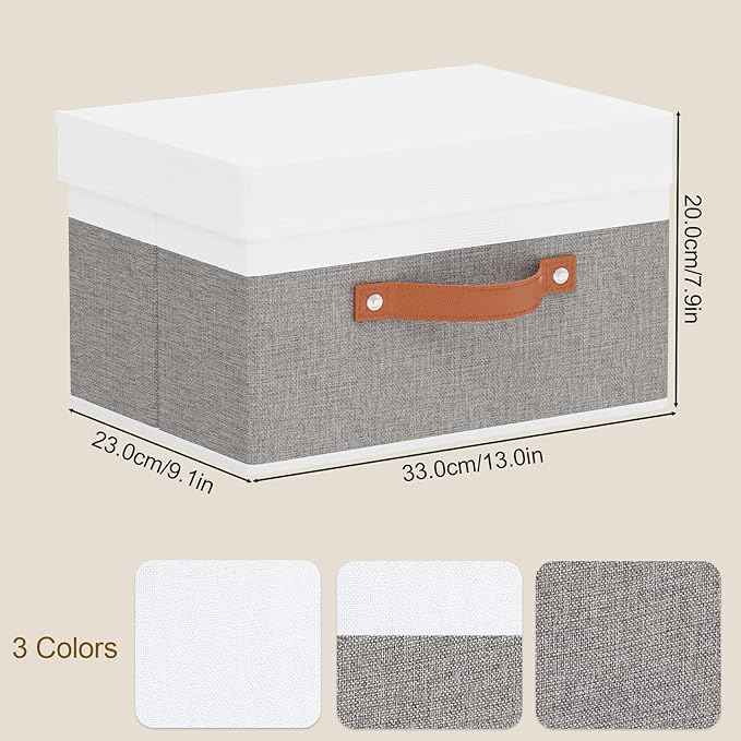 Fabric Storage Bins with Lids, Linen Collapsible Boxes, Storage Baskets with Double Handles, White and Grey, 5 Pack, 13 x 9.1 x 7.9 Inch