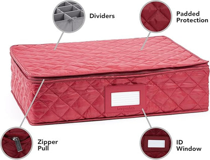 Covermates Flatware Storage Case with Removable Trays, Quilted Silverware Organizer with ID Window, Zipper Closure, Washable Protective Kitchen Storage Container, 15.5x11.5x3.5, Red
