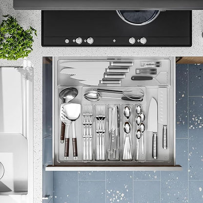 BPA-Free Expandable Utensil Drawer Organizer - Clear Plastic Adjustable Storage Tray for Kitchen Flatware, Knives, Forks and Spoons