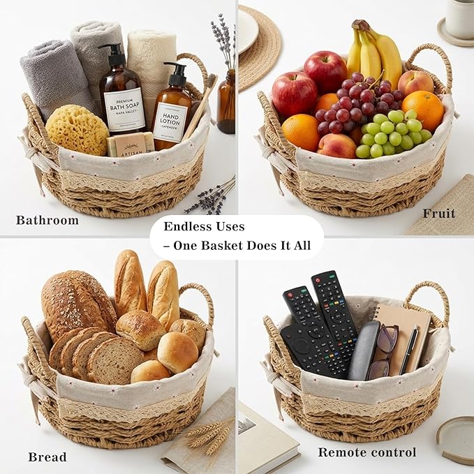 Small Wicker Storage Baskets for Organizing, Set of 2 Round Woven Basket with Handles & Removable Daisy Liner, Boho Paper Rope Cute Baskets for Gift, Decor, Pantry, Shelf, Table, Kitchen