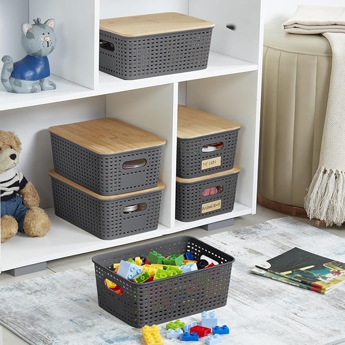 Bagnizer Small Plastic Storage Bins with Bamboo Lids 5.2qt Stackable Box Basket Pantry Decorative Containers Cute with Lable for Organizing Desktop Closet Office Gray of 6 packs 10 * 7.2 * 4.1"