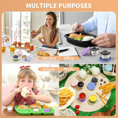SANEXC 8 Pack - 2.4 Oz Small Salad Dressing Containers To Go, Leakproof Condiment Containers with Lids Reusable Stainless Steel Sauce Cups for Lunch Boxes Kitchen Storage Picnics Travel Meal Prep