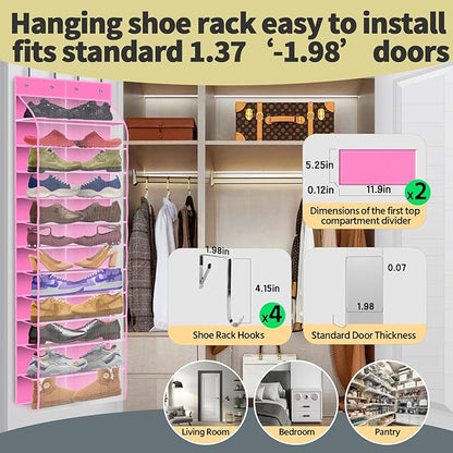 PAULONE 12 Pocket Over the Door Shoe Organizer,Reusable Breathable Large Mesh Bag Men's & Women's Sneaker Organizer,Shoe Organizer for Kids,Hanging Shoe Storage Hanging Bag (Pink)