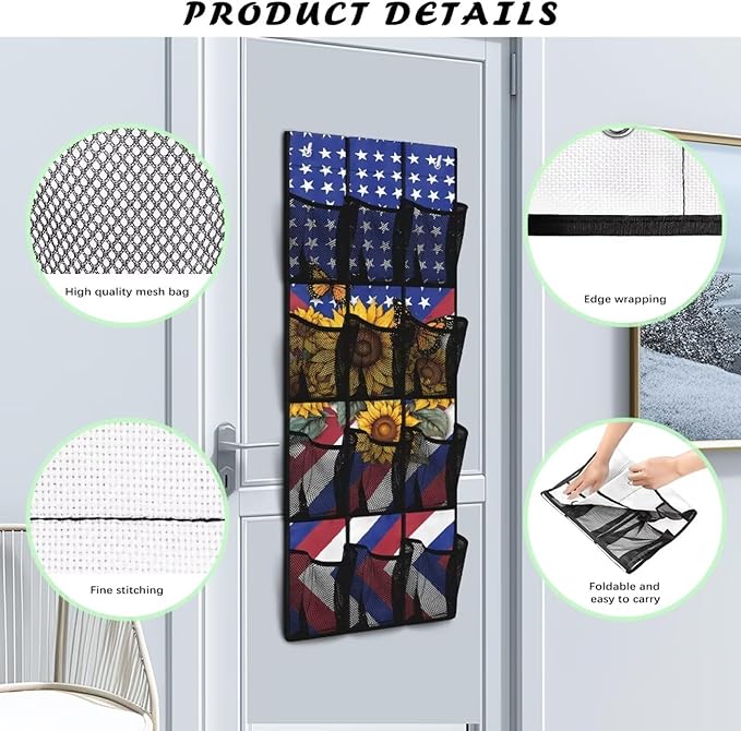 Over The Door Shoe Organizer 12 Large Mesh Pockets Boots Hanging Storage Shoe Rack for Closet Easy to Install Machine Washable,Sunflower American Flag