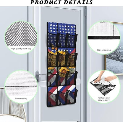 Over The Door Shoe Organizer 12 Large Mesh Pockets Boots Hanging Storage Shoe Rack for Closet Easy to Install Machine Washable,Sunflower American Flag