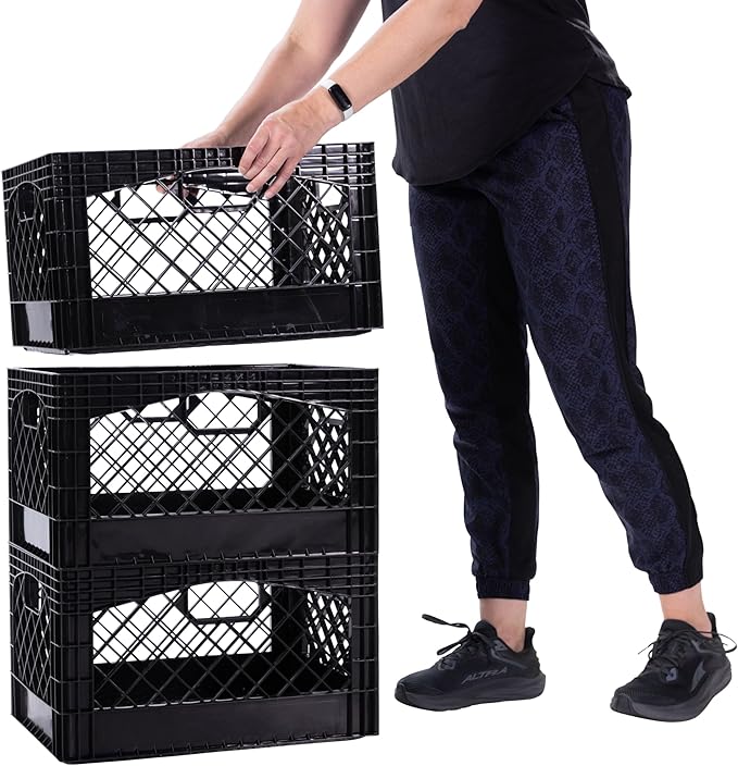 Rectangular Plastic Milk Crate Storage Tote with Handles, 24-Quart Stackable Organizer for Garage, Home, and Office, Made in the USA, 19" x 13" x 11" (3-Pack) - Black