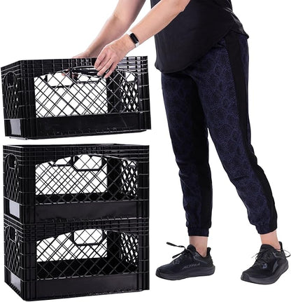 Rectangular Plastic Milk Crate Storage Tote with Handles, 24-Quart Stackable Organizer for Garage, Home, and Office, Made in the USA, 19" x 13" x 11" (3-Pack) - Black
