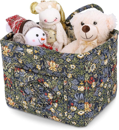 Storage Basket Boho Fabric Large Collapsible Floral Laundry Nursery Hamper Portable Folding Storage for Clothes Toys (Blue)