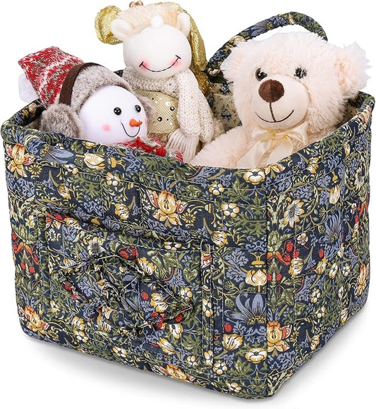 Storage Basket Boho Fabric Large Collapsible Floral Laundry Nursery Hamper Portable Folding Storage for Clothes Toys (Blue)