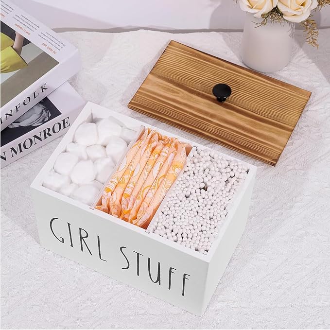 Tampon Holder Tampon Organizer Rustic Wood Bathroom Storage Bin with Lid Movable Partition Storage Container with 3 Compartment Feminine Product Wood Tampon Dispenser (White)