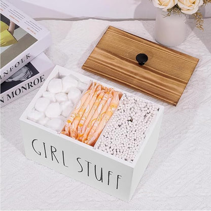 Tampon Holder Tampon Organizer Rustic Wood Bathroom Storage Bin with Lid Movable Partition Storage Container with 3 Compartment Feminine Product Wood Tampon Dispenser (White)