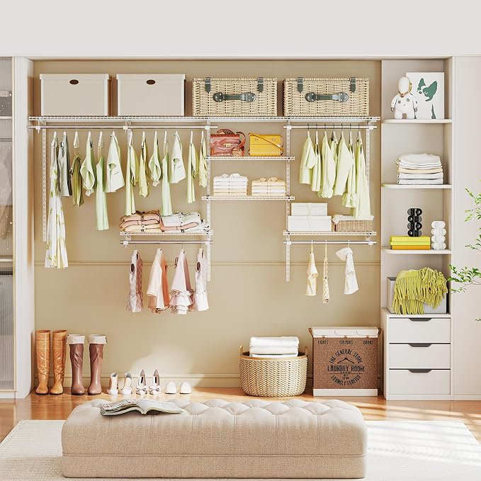 Tangkula 4 to 8 FT Custom Closet System, Wall Mounted Closet with Hanging Rod, Metal Hanging Storage Organizer Rack Wardrobe with Shelves, Adjustable Closet System Kit for Bedroom (White)